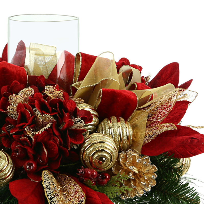 Holiday Candleholder Centerpiece with Hydrangeas, Ornaments and Decorative Leaves