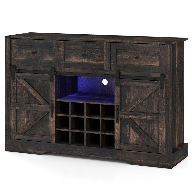 Wine Bar Cabinet w/LED Lights  Doors Coffee Station w/ Adjustable Shelves Racks, Dark Oak