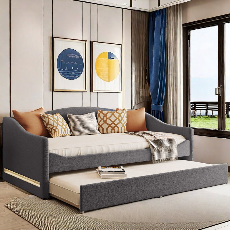Taomi Upholstered Daybed with Light and Trundle, Gray, Twin