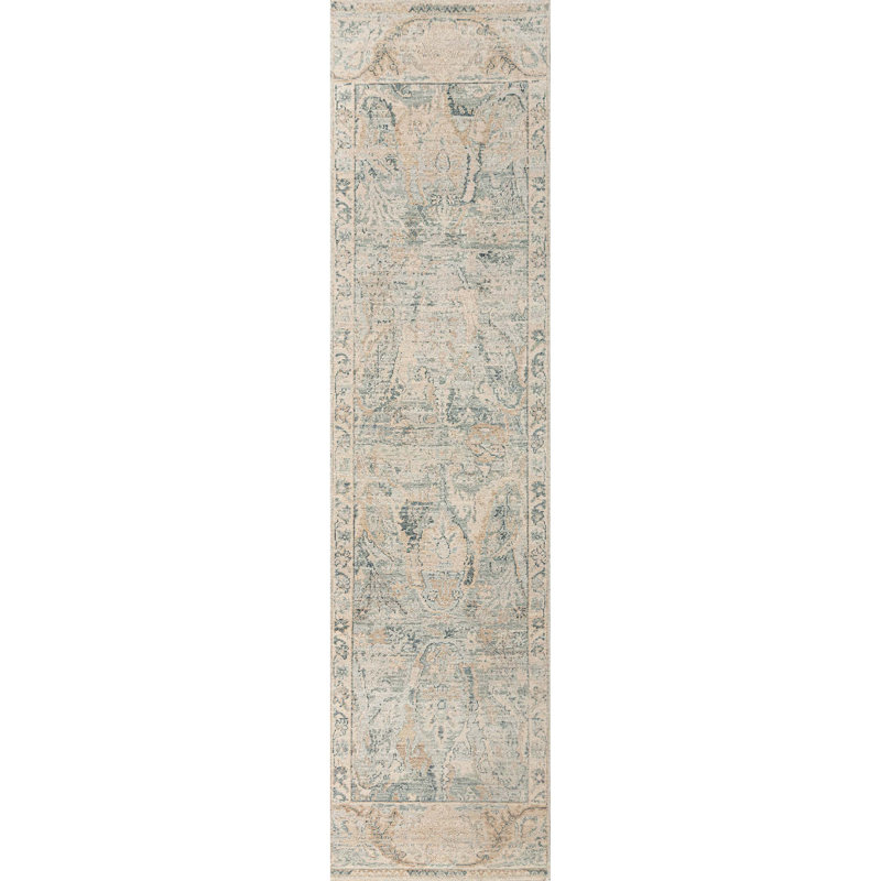 Hand Knotted Wool Area Rug in Turquoise And Beige, Runner 2'6" x 10'