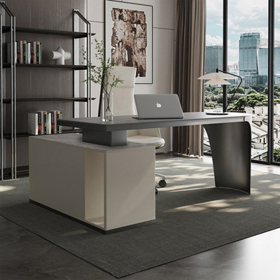Black  White Two-Tone Irregular Corner Sintered Stone Office Desk, Light Luxury Minimalist Design with Creative Metal Supports  Attached Storage Cab