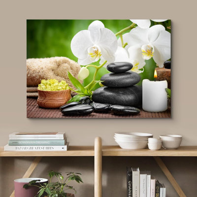 Zen Stones White Orchid Flowers Meditation Zen Yoga Massage Pebble Nature Wilderness On Canvas Print