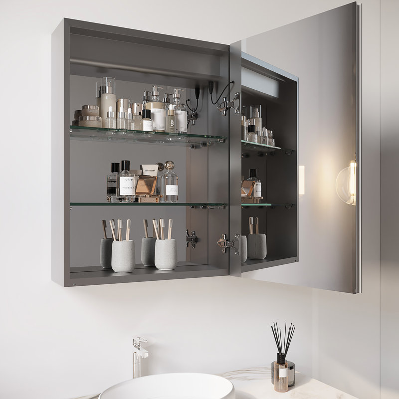 Bathroom Cabinet With Fog Led Mirror - 26X20 Inch, Waterproof, 3000K 6000K, Touch Switch, Dimmable, Single Door, Recessed/Surface Mount  Right Door Fog, Dimmable 3000K~6000K Switch Right Recessed And