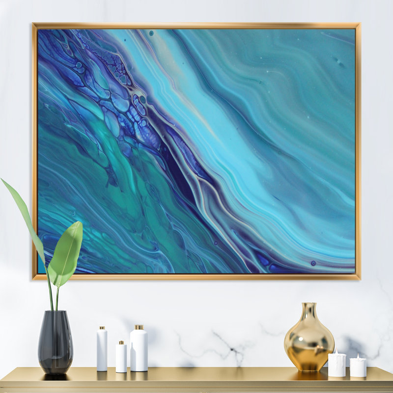Art liquide avec vagues sur fond bleu - Toile moderne, H 12 po x l 8 po x P 1 po, Cadre flottant doré