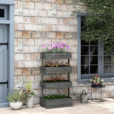 Boîte à fleurs verticale en bois gris, 4 étages pour plantes d'extérieur, auto-drainant avec fleurs en tissu non tissé, légumes, herbes, non tissé, finition