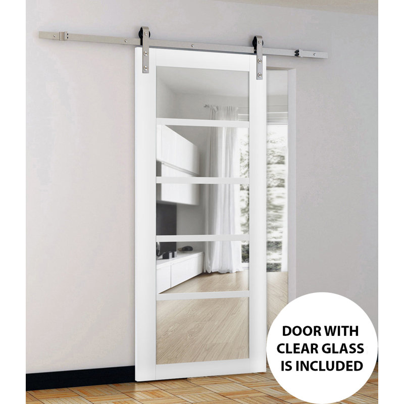 Porte de grange robuste Quadro 4522 Blanc Soie avec vitrage clair, rail de 2 m, quincaillerie renforcée, panneaux intérieurs pleins, 76 x 203 cm, vitrage transparent, rail argenté
