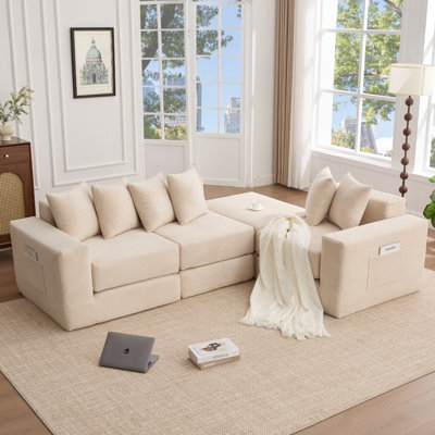 [NEW ARRIVED] [VIDEO PROVIDED]10-In-1 Convertible Sofa Sectional ,Corner Couch , Convertible Floor Sleeper Sofa,Corduroy,Side Pocket,No Assembly,DIY,L Shaped Modular Sofa,6 Pillows,Beige