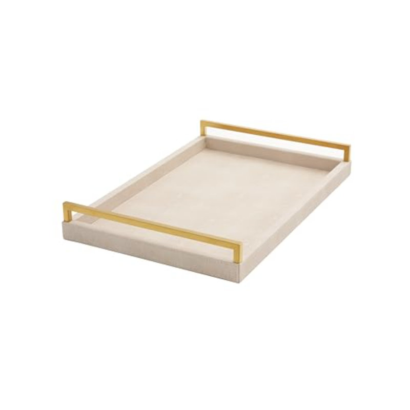 Ivory Shagreen Leather Serving Tray With Gold Handles, 17.7X11.8Inch Large Wooden Decorative Tray For Coffee Table Large Ottoman Tray For Home Decor Living Room (Ivory)