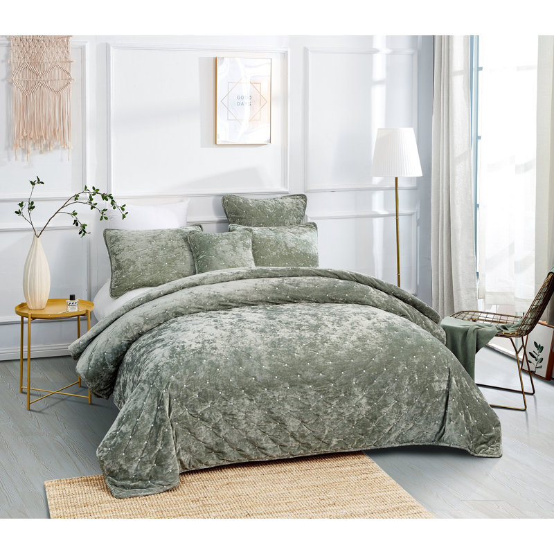 Polyester Velvet Quilt, Full Quilt + 2 Standard Shams, Green