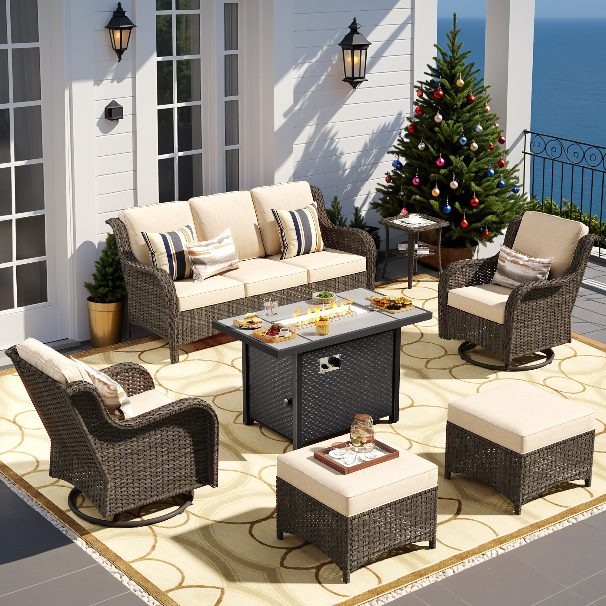 3-Piece Swivel Rocking Patio Set – PE Wicker Chairs With Cushions & Glass Table, All-Weather Outdoor Furniture