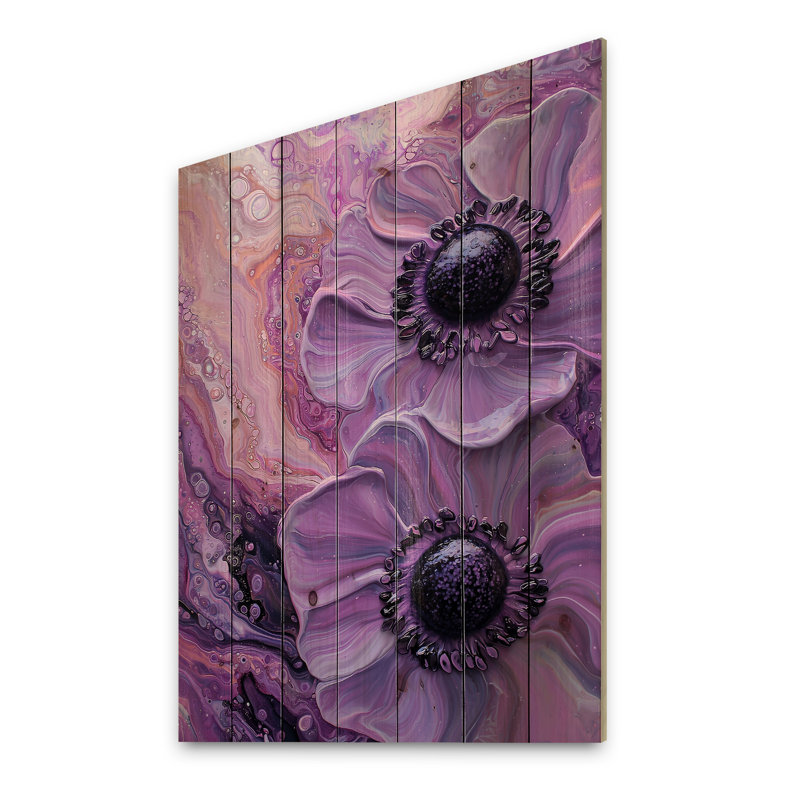 Lavande anémone sérénité II - coquelicots, art mural sur bois de pin naturel, H 40 po x l 30 po x P 0,78 po