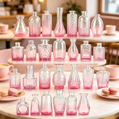 Ensemble de 30 vases à bourgeons en verre rose, petits vases à fleurs rétro pour centres de mariage rustiques, décoration intérieure et arrangements de table