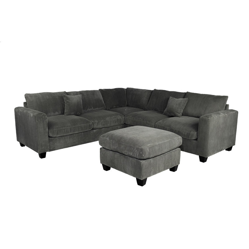 Modern Style L-Shaped 4Pc Sectional Set Cocktail Ottoman Square Arms Throw Pillow Corduroy Upholstered Dark Gray Finish Primary Living Room