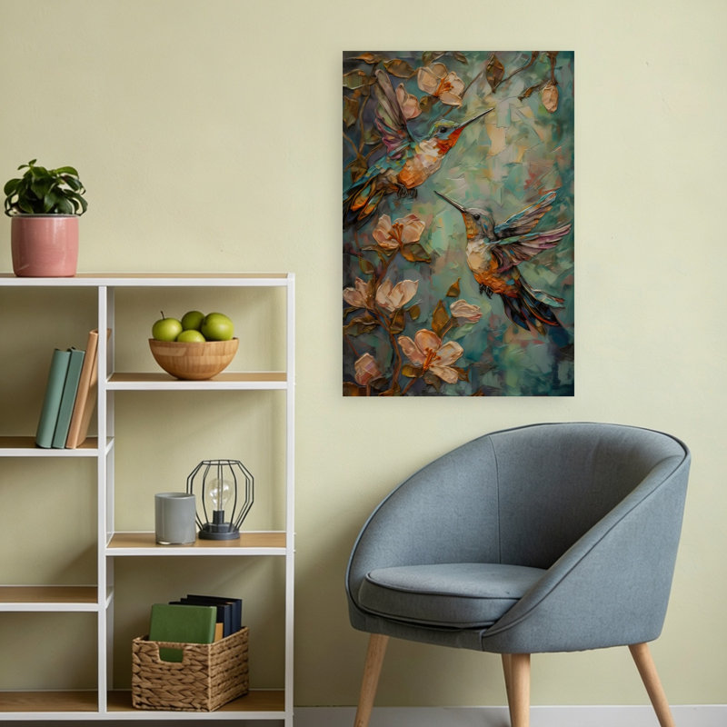 Art mural abstrait contemporain avec colibris, 24" H x 16" W