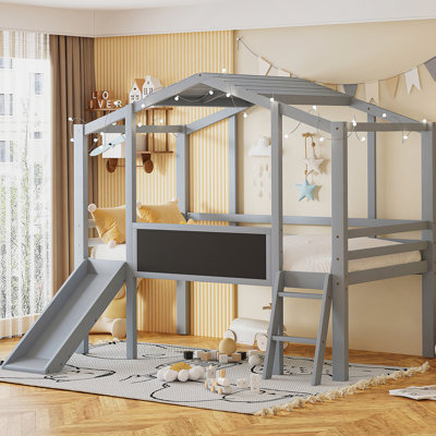 Anice Loft Bed With Ladder And Slidehouse, Featuring Board And Strip On The Roof, Ideal For Versatile Bedroom And Living Room Use