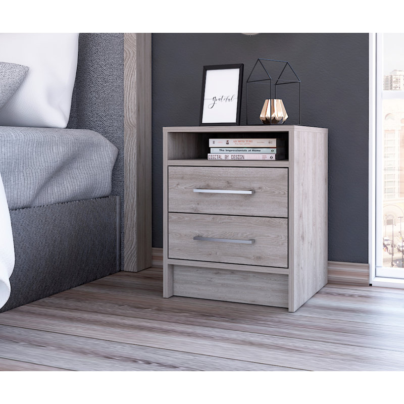 Eter Compact Nightstand with Two Drawers and One Shelf, Minimalist Bedroom Bedside Storage, Gray