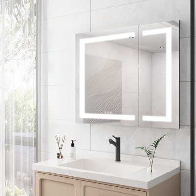 36X30 Inch Bathroom Cabinet With Led Mirror - Fog Double Door Plentiful Storage Space Adjustable Brightness & Colour Temperature Touch Operation Mirror, Door, 3000K 6000K , 3 Shelves, American Style