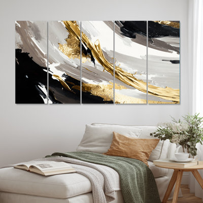 «Waves Of Midnight Passion Abstract Black Gold II», reproduction sur toile abstraite - 5 panneaux égaux
