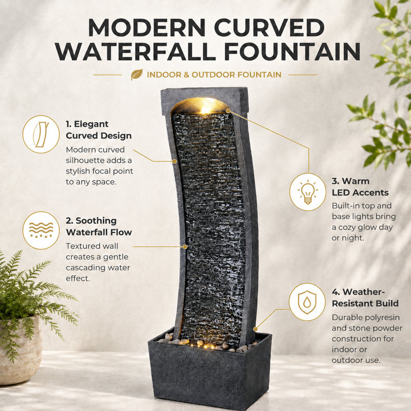Barcot Weather Resistant Waterfall Fountain with Lights, Black