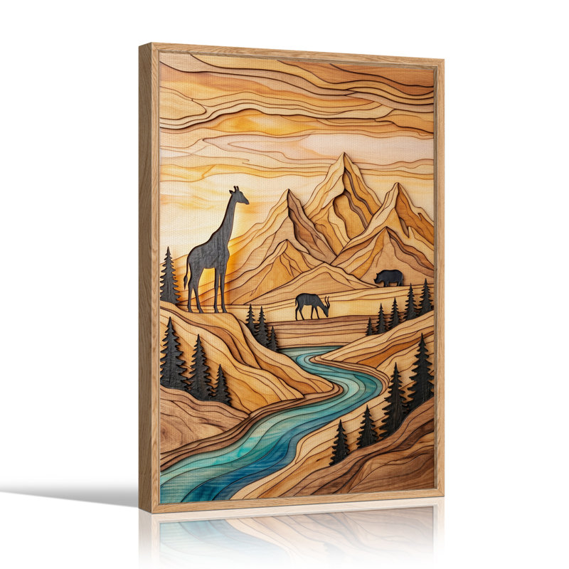 Girafe dans un paysage de montagne et de rivière en bois stratifié, tableau sur toile, H 36 po x l 24 po
