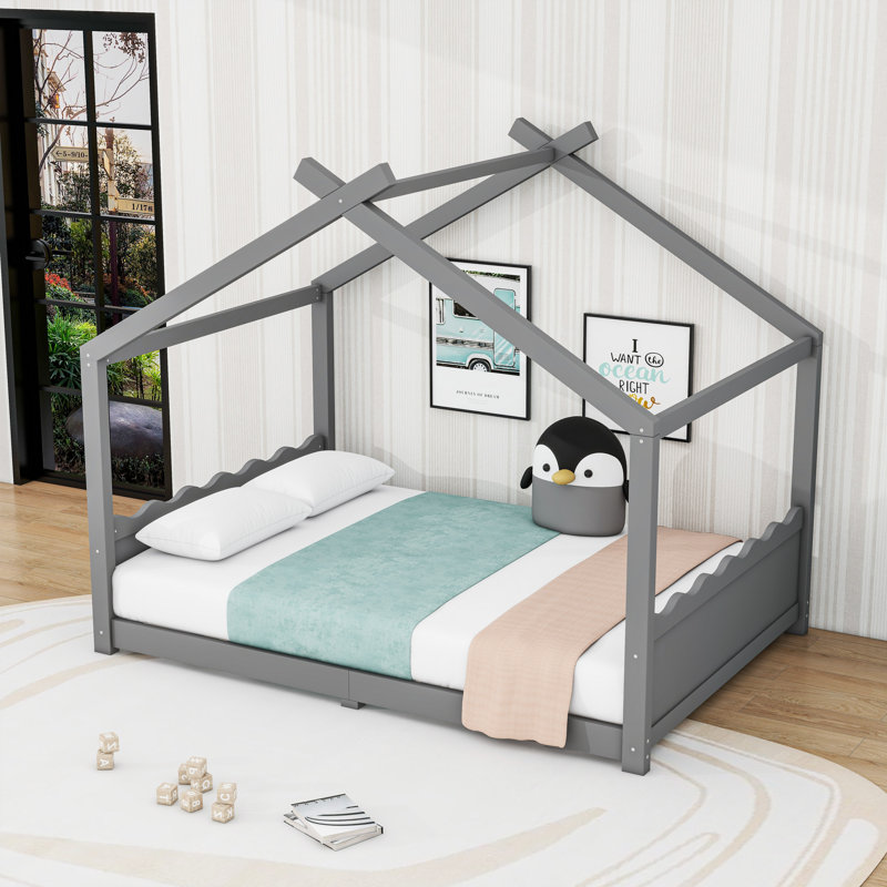 Wood House Floor Bed With Slats, Full, Gray