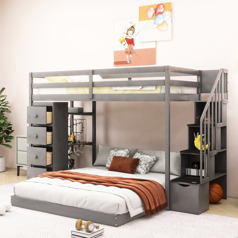 Lit superposé simple au-dessus d'un lit double gris - Rehaussez votre espace avec des tablettes, des tiroirs et des tiroirs de rangement à 3 niveaux pratiques et élégants