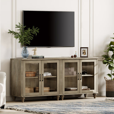 Meuble télé Scarlett Farmhouse pour téléviseur de 75 pouces avec 4 portes en verre, meuble télé universel en bois avec 4 armoires de rangement, meuble télé pour salon, chambre à coucher, gris délavé