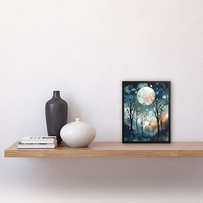 Full Moon Winter Forest Landscape Snowfall Over Trees At Night - Single Picture Frame Print