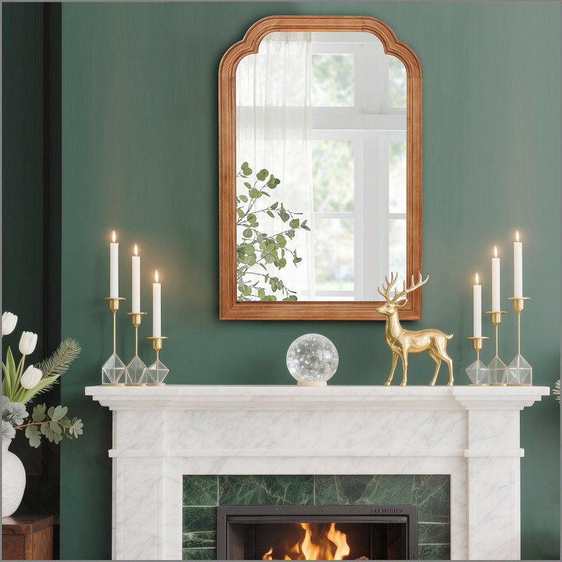 Miroir de coin arrondi 24 po x 36 po en bois massif de couleur brun jaunâtre, pour chambre à coucher, salle de bain, salon, vestibule