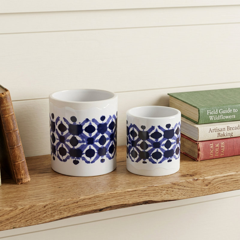 Ensemble de deux pots à fleurs ronds en céramique blanche et bleue 5 onces