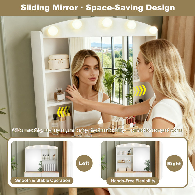 Petit meuble-lavabo avec miroir et lumières, grande capacité de rangement et miroir coulissant, ensemble de meuble-lavabo avec deux tiroirs