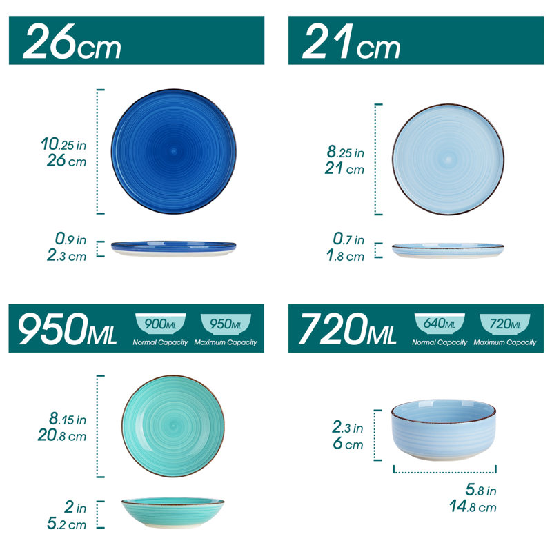 Stoneware Dinnerware Set 24 Piece - Service for 6, Blue/Teal/Grey