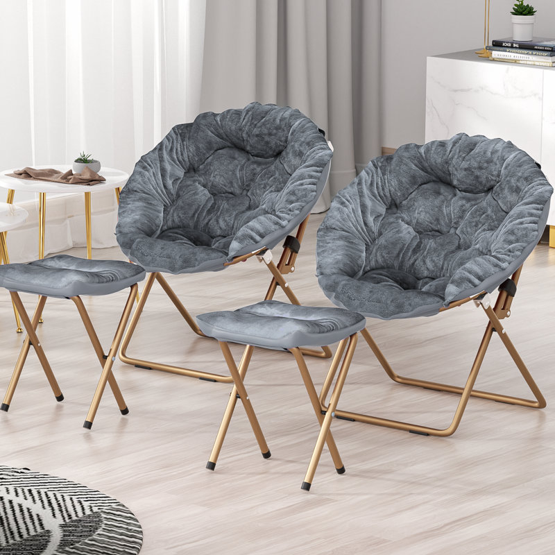 Cozy Saucer Chairs with Footrest Ottoman, Foldable Papasan Chairs Lounge Chairs for Bedroom Living Room, Gray