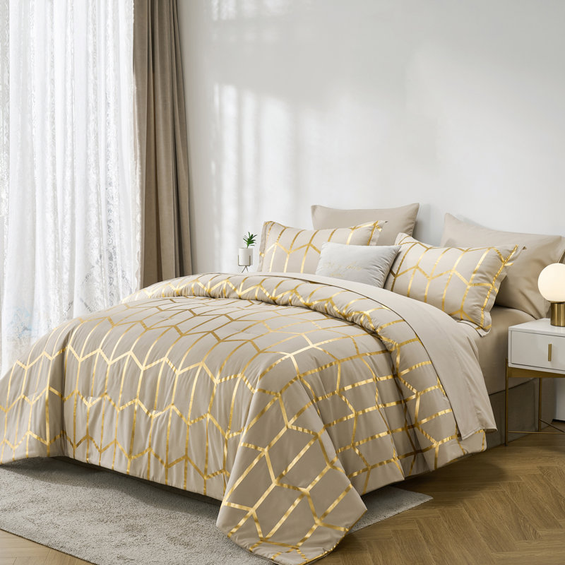  7-Piece Queen Size Metallic Geometric Comforter Set, Modern Gold Foil Chevron Bedding on Khaki, All-Season Microfiber Bed in a Bag with Sheets and Pillow Shams