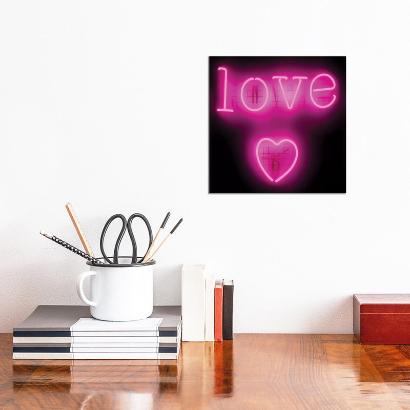 Neon Love Heart Pink On Black by Hailey Carr - Wrapped Canvas Print, 30.48 cm H x 30.48 cm W