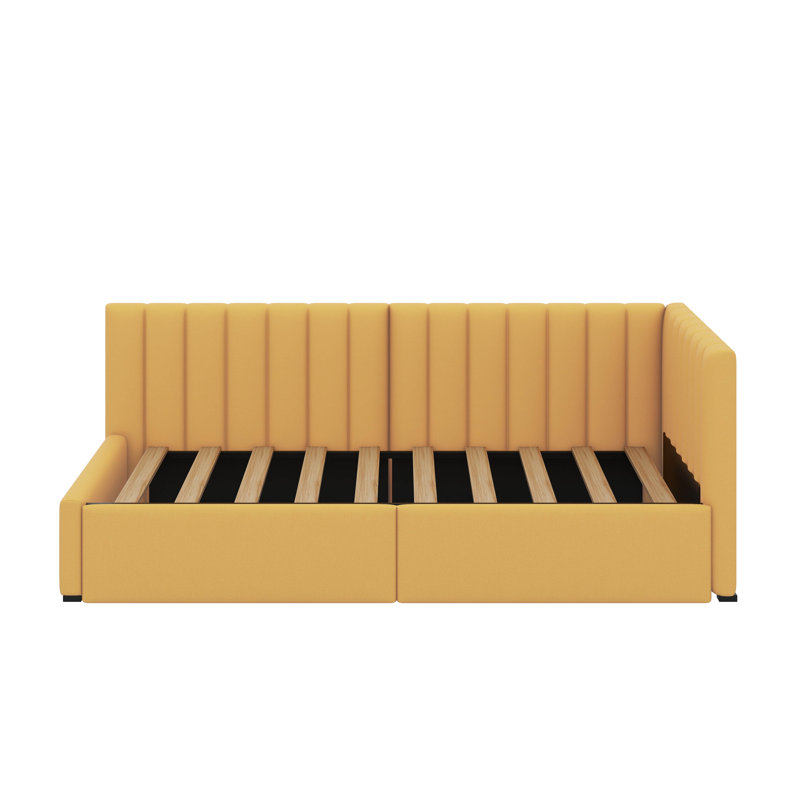 Lit de jour simple tapissier avec 2 tiroirs, support en lattes de bois, Jaune