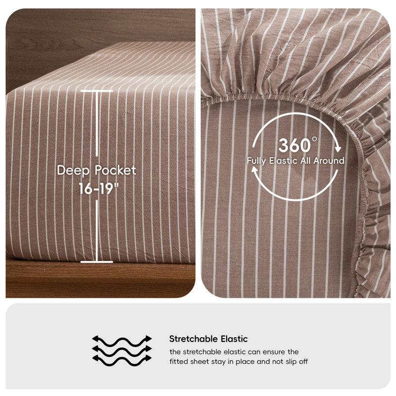 MooMee Striped Sheet Set 100% Washed Cotton Linen Like Textured Breathable Lightweight, King Sheet Set with 2 Pillowcases