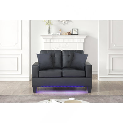 Genesis 55.5"W Black PVC Fabric Loveseat With LED Lights, USB Charger, Tufted Cushions