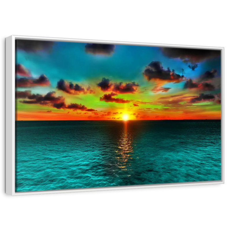Coucher de soleil et océan, Cadre flottant blanc, 40 po x 27 po