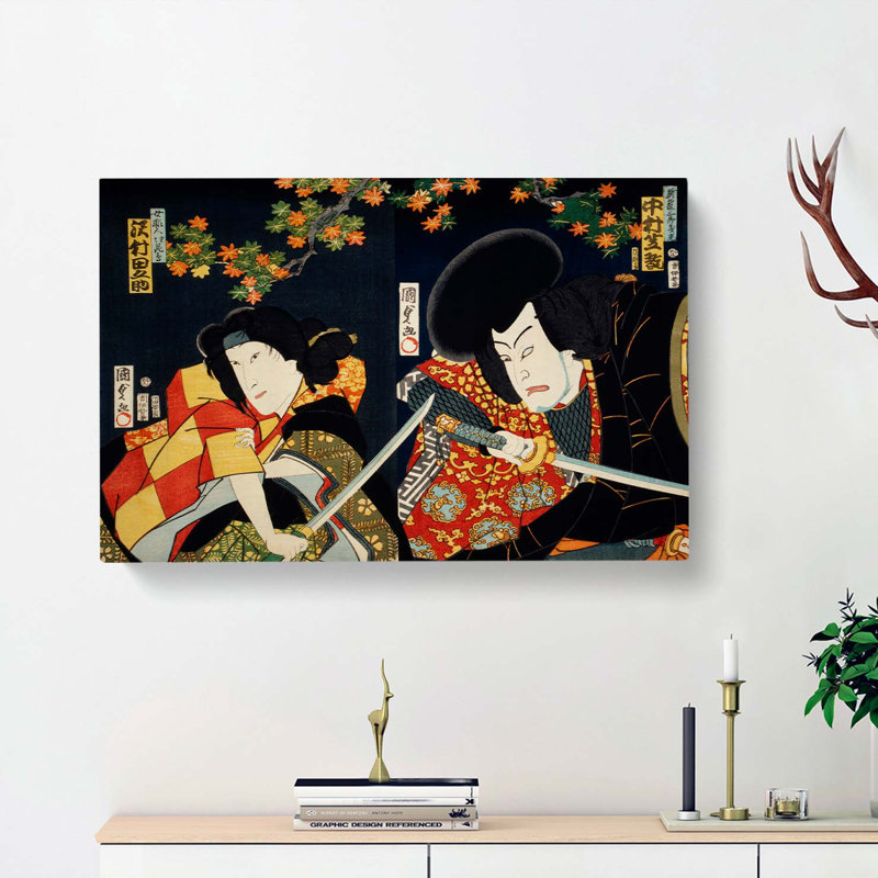 Two Actors With Samurai Swords by Toyohara Kunichika - Wrapped Canvas Painting, 35cm H x 50cm W x 3cm D