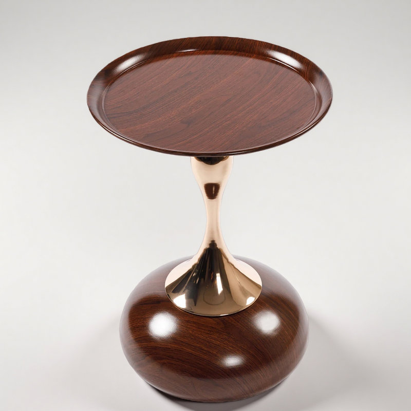 Modern Metal Round Tray Side Table With Pedestal Base, Walnut Brown Wood