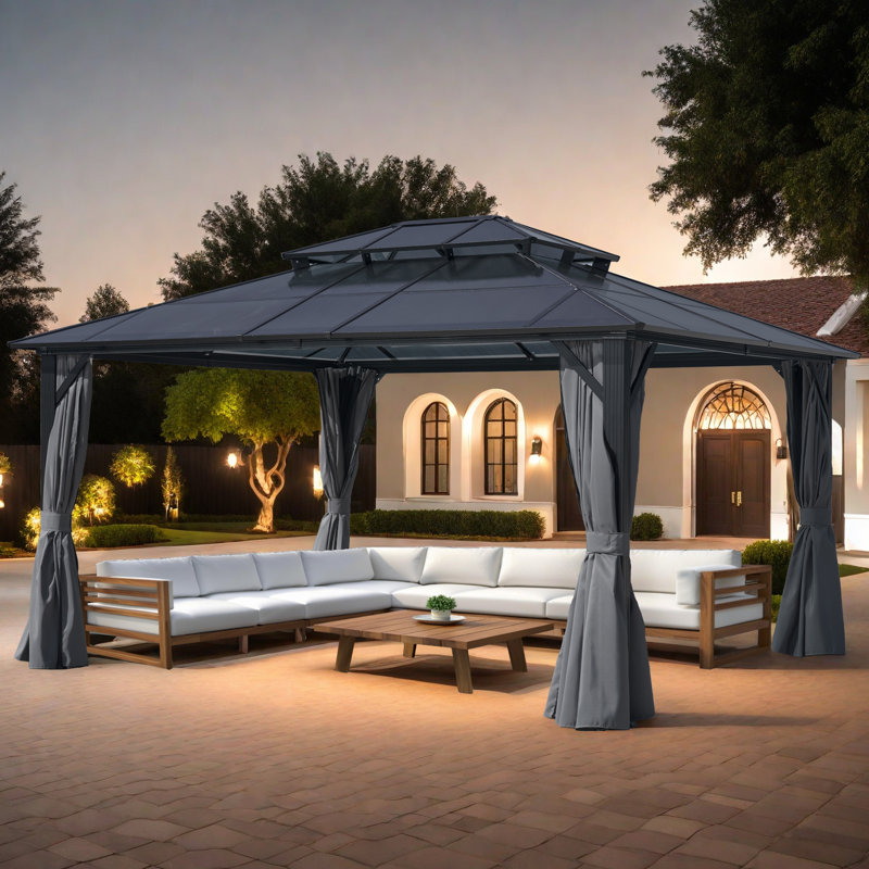 Pavillon de jardin en aluminium à toit double avec toit rigide et moustiquaire, H 189,37 po x l 142,1 po x P 110,23 po, Gris