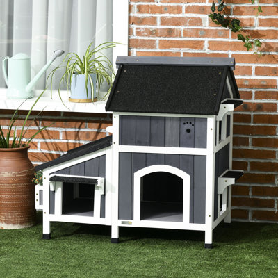 Outdoor Cat House - Weather & Garden Bed Multiple Entrances For Big Sized Felines, Gray Roof And Up To 15Lb Cats,