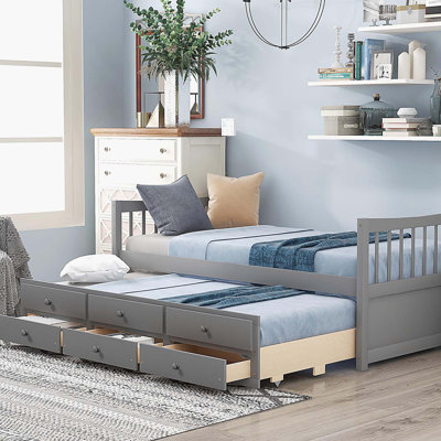 Lit de jour avec couchette et tiroirs, taille simple, gris
