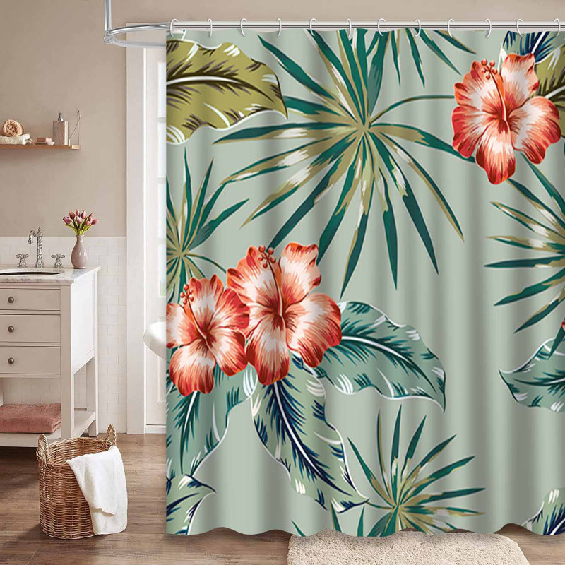 Rideau de douche imperméable à motif floral avec hibiscus et palmiers rouges avec 12 crochets, L 72 po x l 84 po