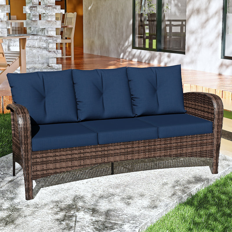 3-person Patio Rattan Sofa With Wide Armrests, Blue