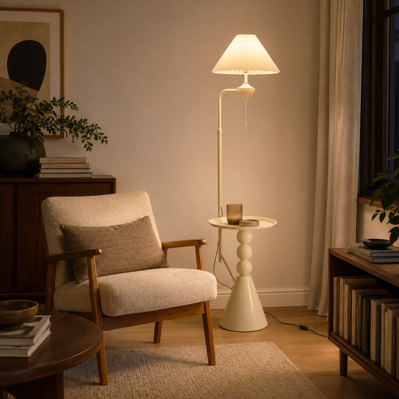 70" Cream Floor Lamp with Side Table, Adjustable Height, Bulb Include, Rotating Light Arm