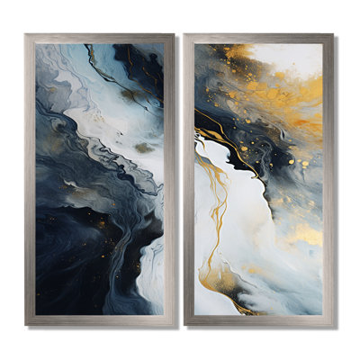 Or et bleu, peinture abstraite sur marbre - art mural abstrait en marbre, ensemble de 2 reproductions sur toile abstraites dorées