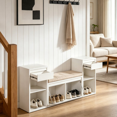 Banc de rangement pour chaussures 3 en 1 avec coussin, banc d'entrée en bois massif avec tiroirs et tablettes ouvertes