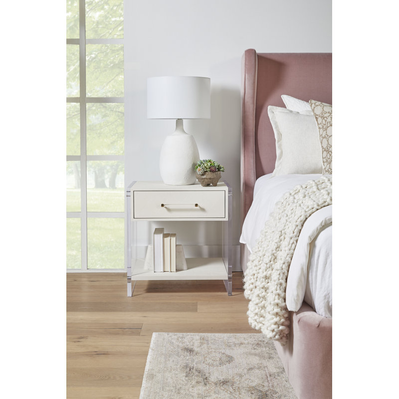 Pearl White Faux Shagreen Resin Nightstand with Clear Acrylic Sides